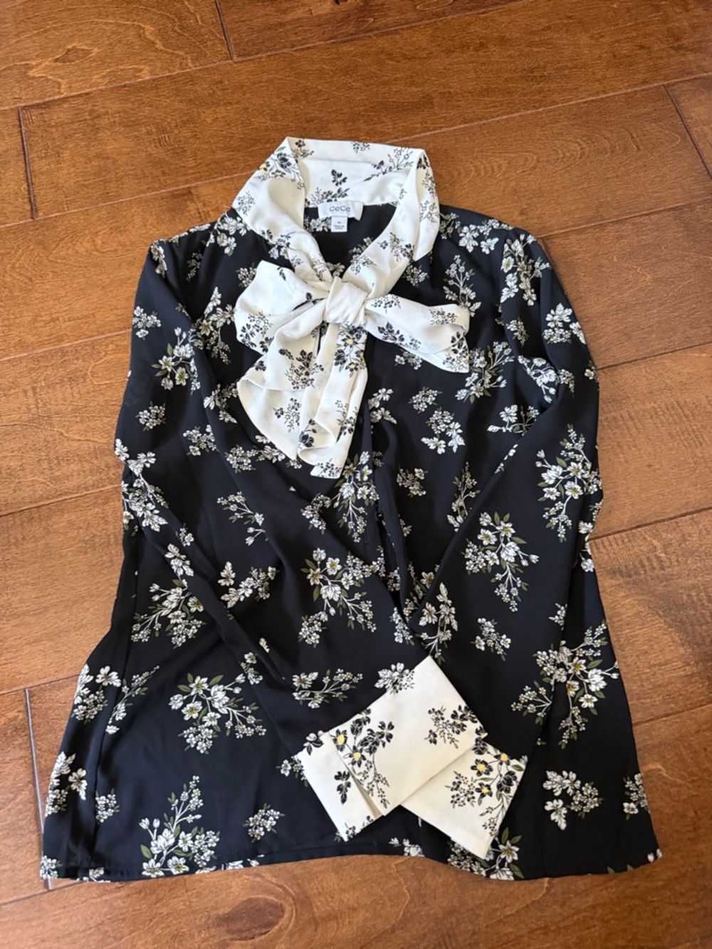 Black Floral Bow Tie Blouse with Ivory Accents